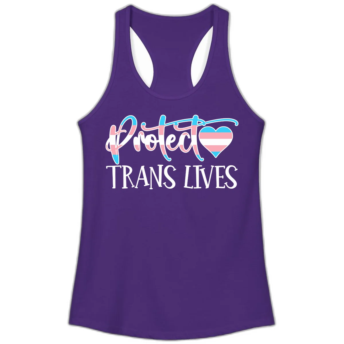 Stylized text 'I heart TRANS LIVES' with decorative letters and a trans flag-striped heart symbol in pink, white, and blue colors in Solid Purple Rush