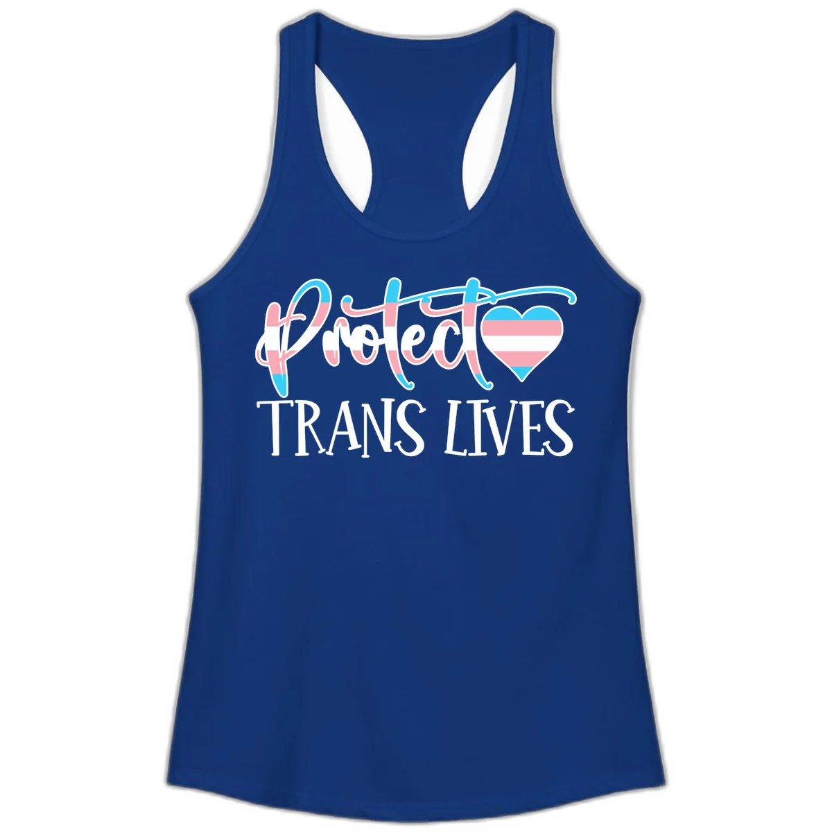 Stylized text 'I heart TRANS LIVES' with decorative letters and a trans flag-striped heart symbol in pink, white, and blue colors in Solid Royal