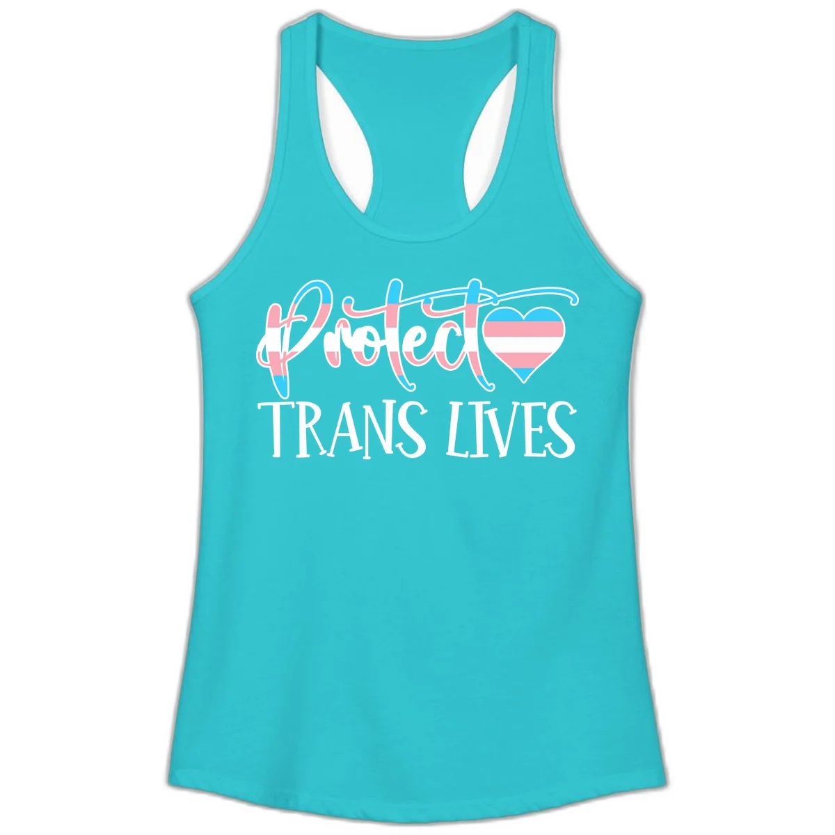 Stylized text 'I heart TRANS LIVES' with decorative letters and a trans flag-striped heart symbol in pink, white, and blue colors in Solid Tahiti Blue