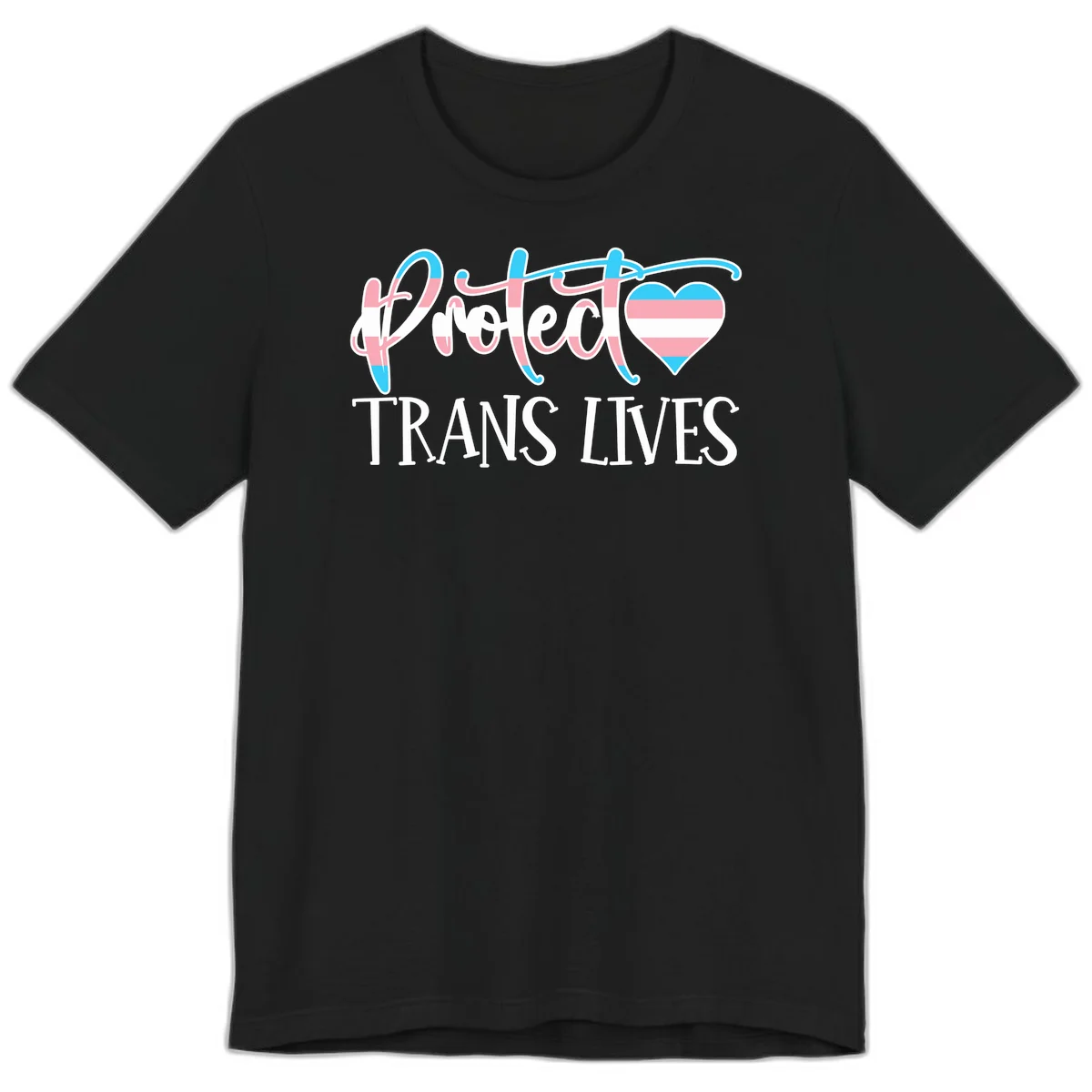 Stylized text 'I heart TRANS LIVES' with decorative letters and a trans flag-striped heart symbol in pink, white, and blue colors in Black
