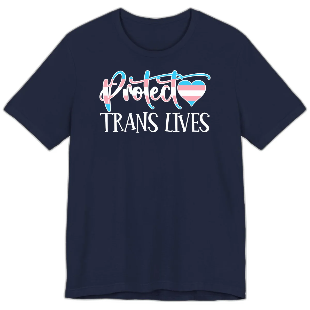 Stylized text 'I heart TRANS LIVES' with decorative letters and a trans flag-striped heart symbol in pink, white, and blue colors in Navy