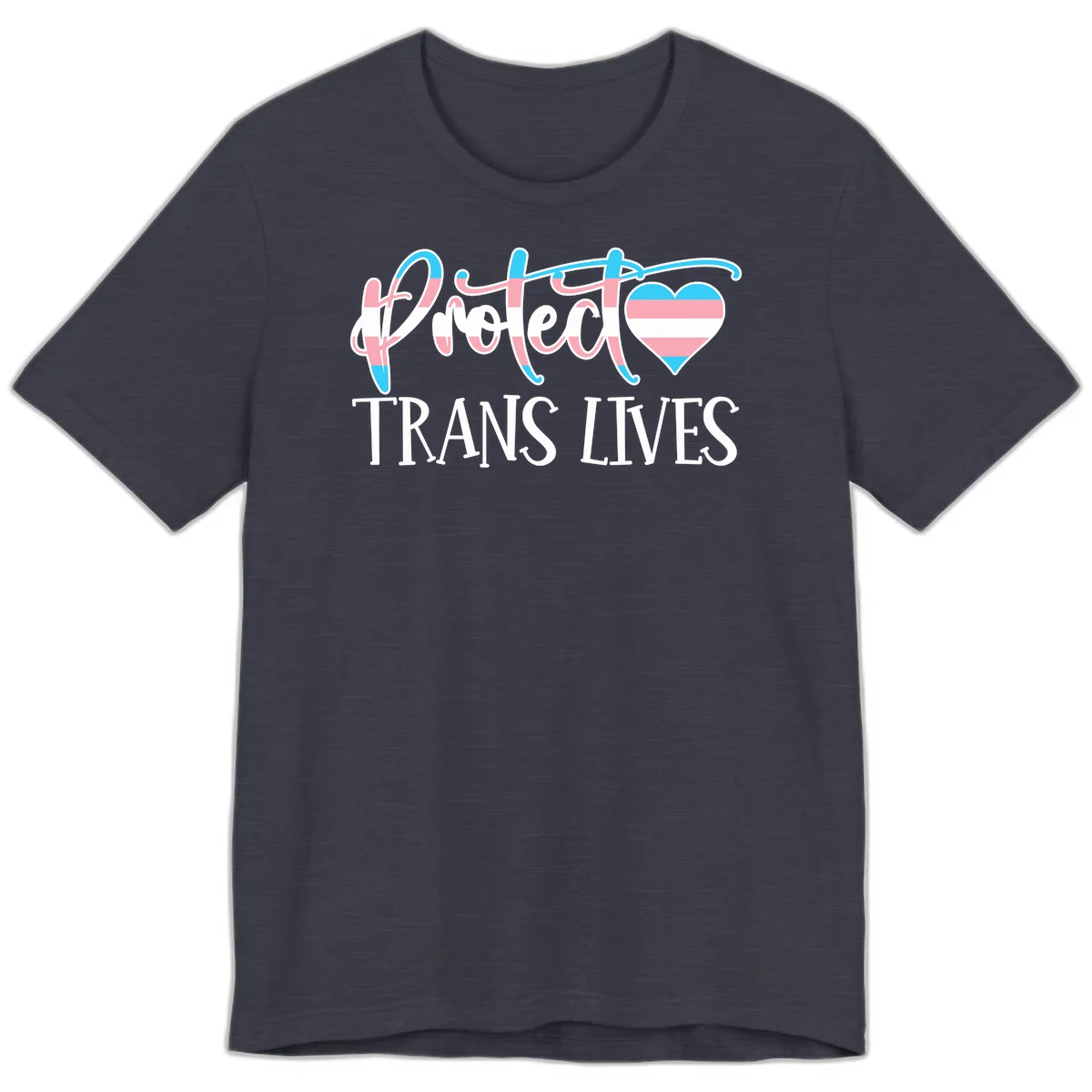 Stylized text 'I heart TRANS LIVES' with decorative letters and a trans flag-striped heart symbol in pink, white, and blue colors in Heather Midnight Navy