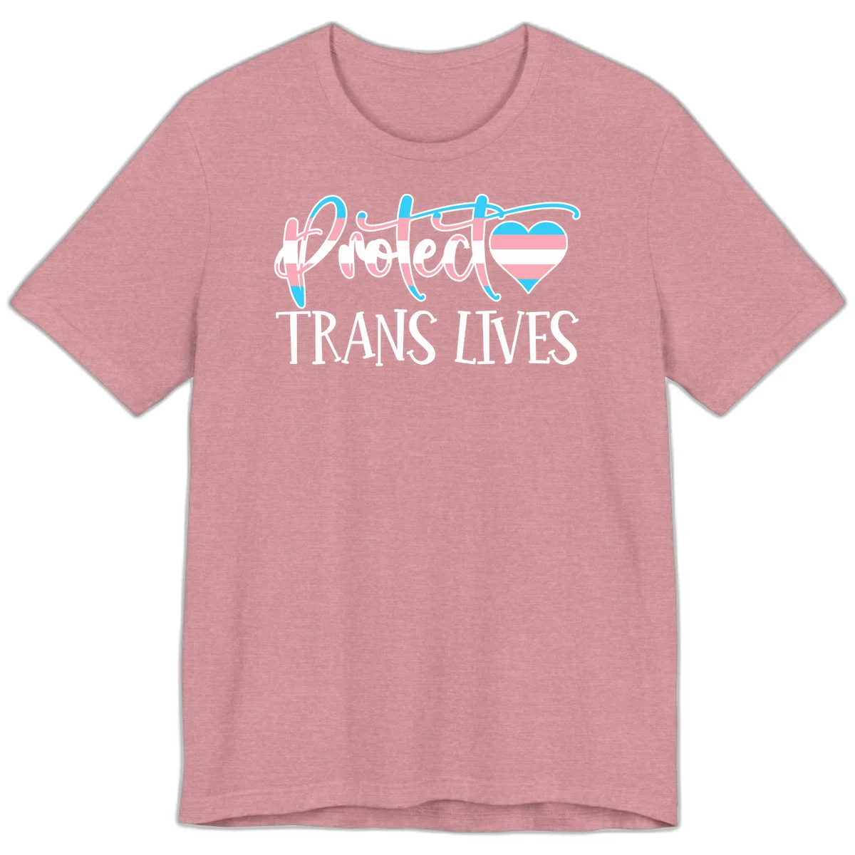 Stylized text 'I heart TRANS LIVES' with decorative letters and a trans flag-striped heart symbol in pink, white, and blue colors in Heather Orchid