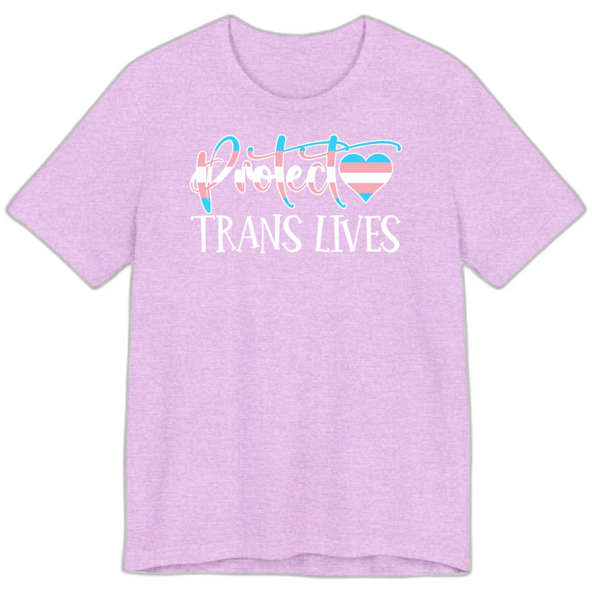 Stylized text 'I heart TRANS LIVES' with decorative letters and a trans flag-striped heart symbol in pink, white, and blue colors in Heather Prism Lilac