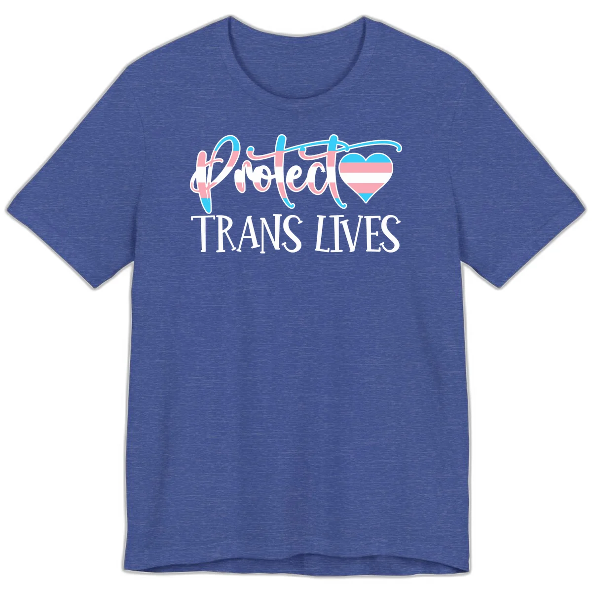 Stylized text 'I heart TRANS LIVES' with decorative letters and a trans flag-striped heart symbol in pink, white, and blue colors in Heather True Royal