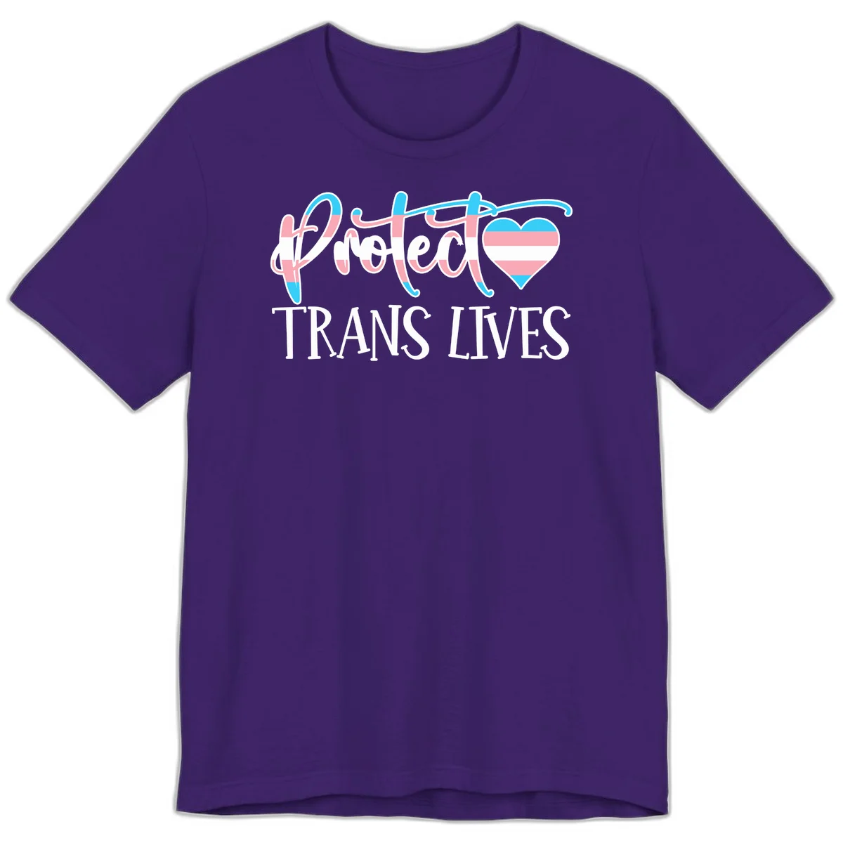 Stylized text 'I heart TRANS LIVES' with decorative letters and a trans flag-striped heart symbol in pink, white, and blue colors in Team Purple