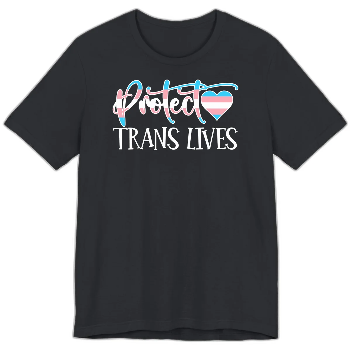 Stylized text 'I heart TRANS LIVES' with decorative letters and a trans flag-striped heart symbol in pink, white, and blue colors in Vintage Black