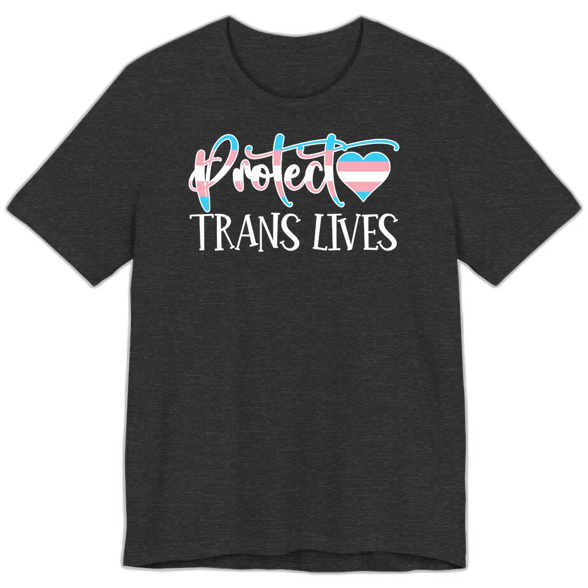 Stylized text 'I heart TRANS LIVES' with decorative letters and a trans flag-striped heart symbol in pink, white, and blue colors in Dark Grey Heather