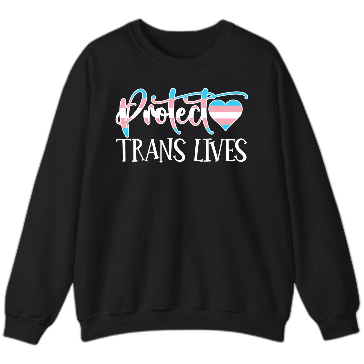 Stylized text 'I heart TRANS LIVES' with decorative letters and a trans flag-striped heart symbol in pink, white, and blue colors in Black