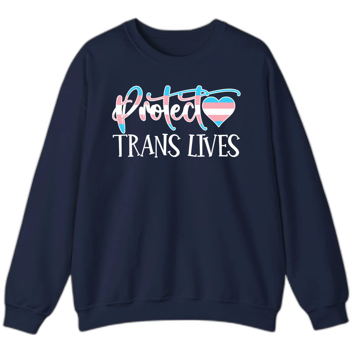 Stylized text 'I heart TRANS LIVES' with decorative letters and a trans flag-striped heart symbol in pink, white, and blue colors in Navy