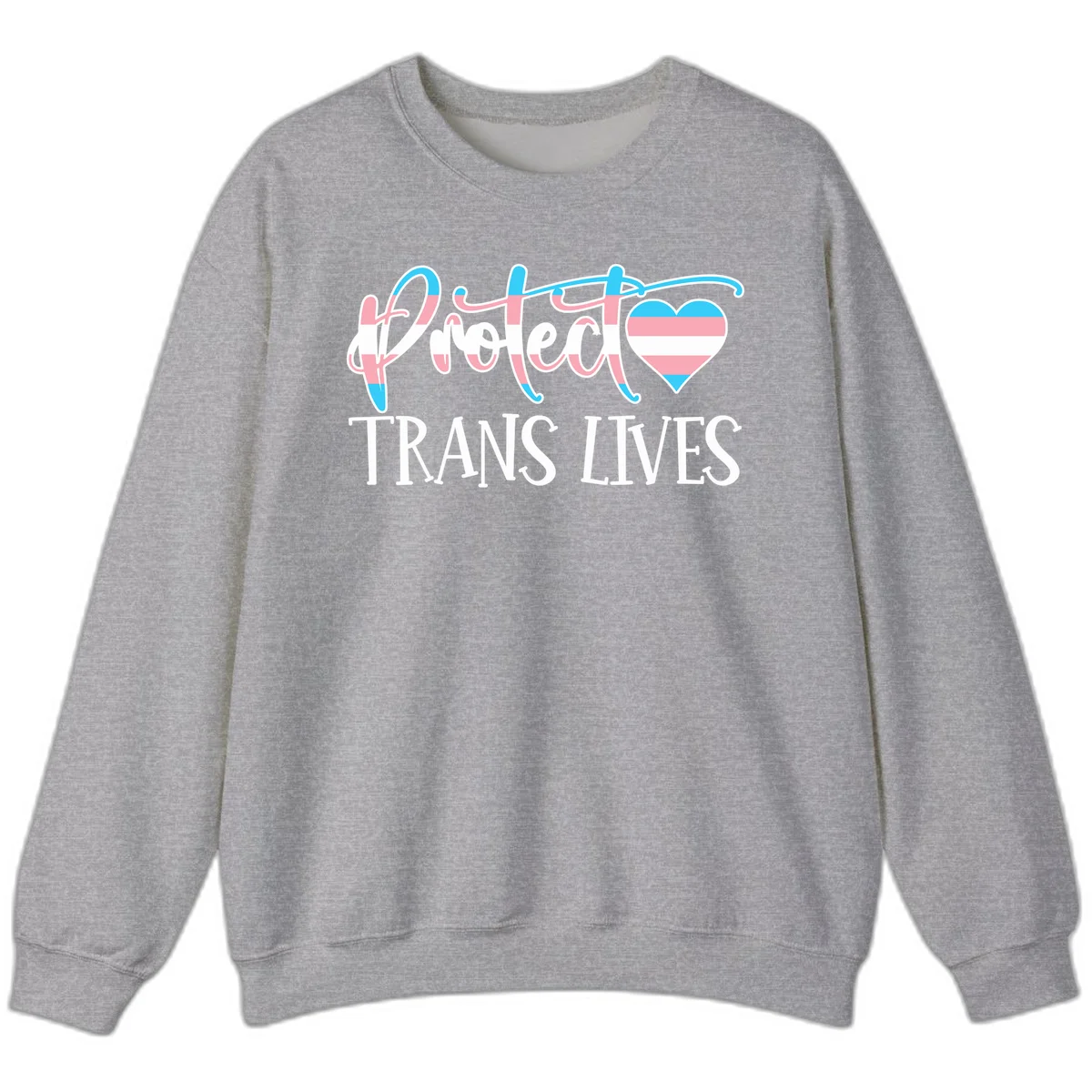 Stylized text 'I heart TRANS LIVES' with decorative letters and a trans flag-striped heart symbol in pink, white, and blue colors in Sport Grey