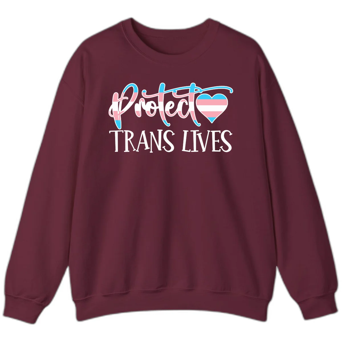 Stylized text 'I heart TRANS LIVES' with decorative letters and a trans flag-striped heart symbol in pink, white, and blue colors in Maroon
