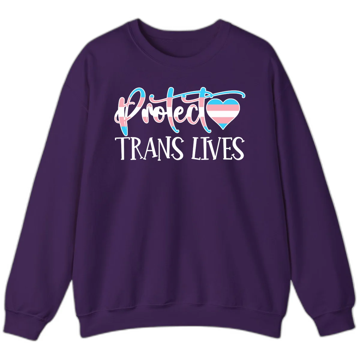 Stylized text 'I heart TRANS LIVES' with decorative letters and a trans flag-striped heart symbol in pink, white, and blue colors in Purple
