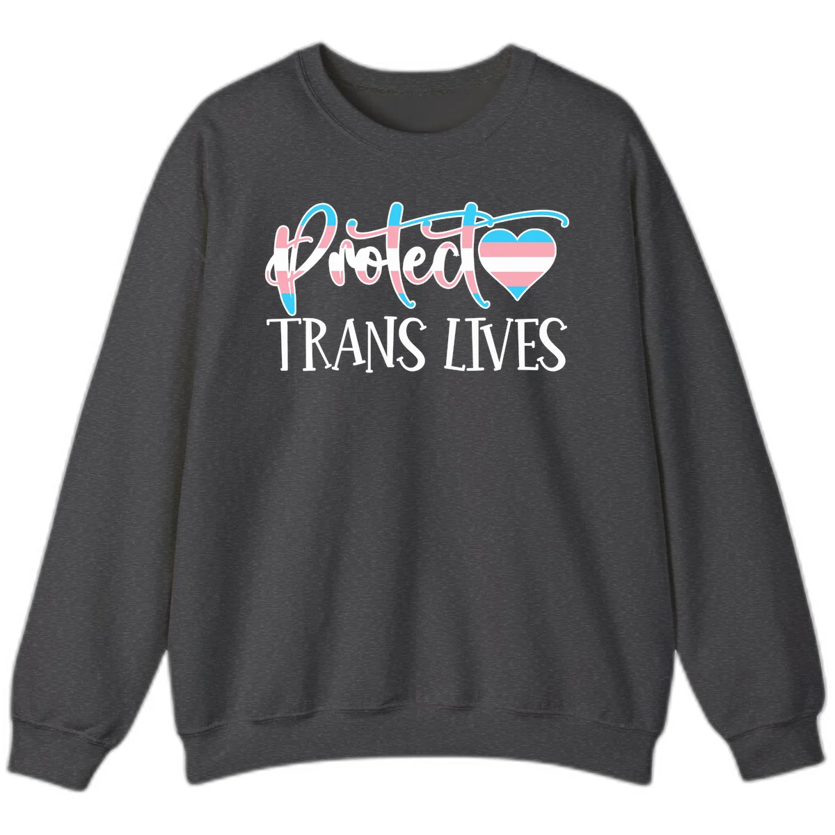 Stylized text 'I heart TRANS LIVES' with decorative letters and a trans flag-striped heart symbol in pink, white, and blue colors in Dark Heather