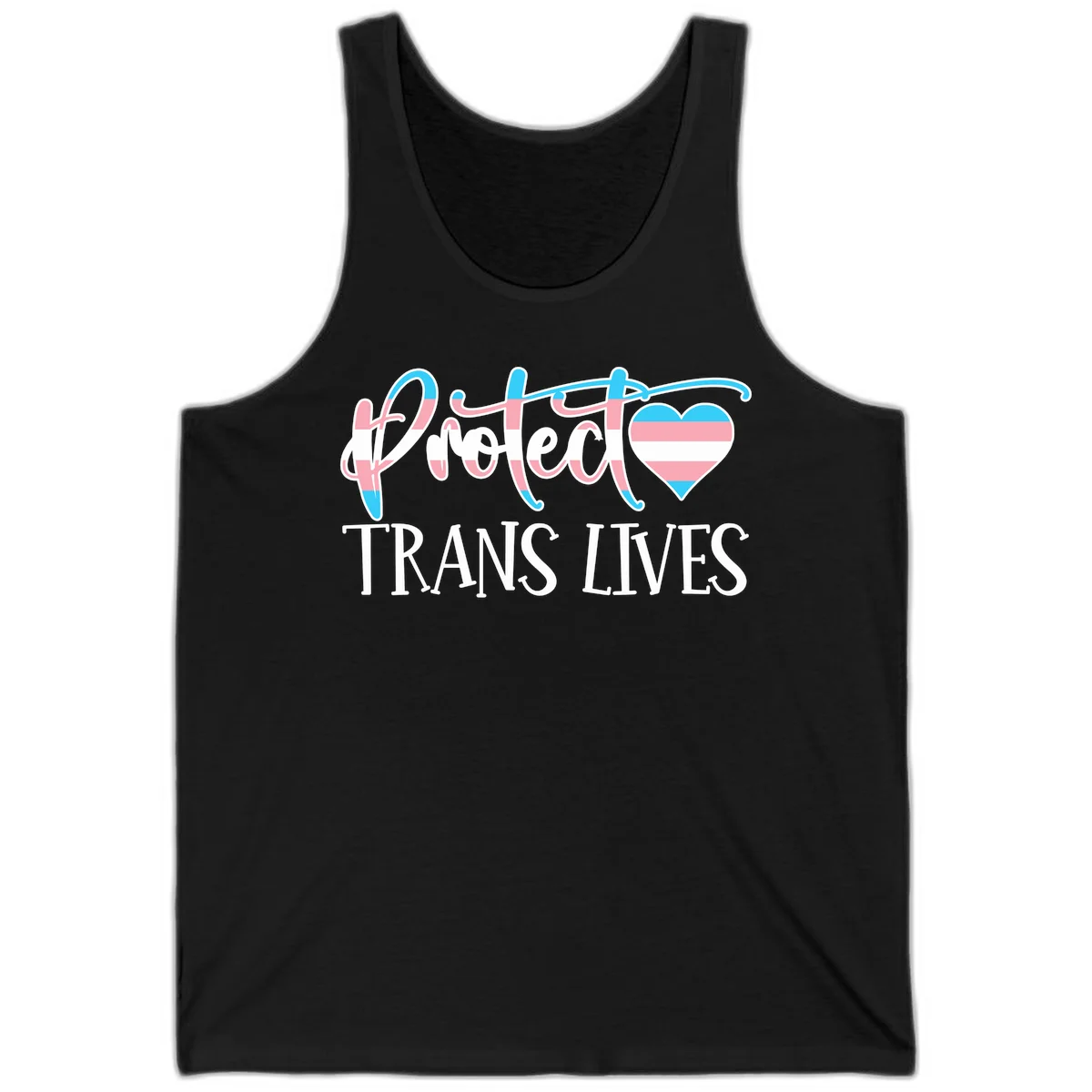Stylized text 'I heart TRANS LIVES' with decorative letters and a trans flag-striped heart symbol in pink, white, and blue colors in Black