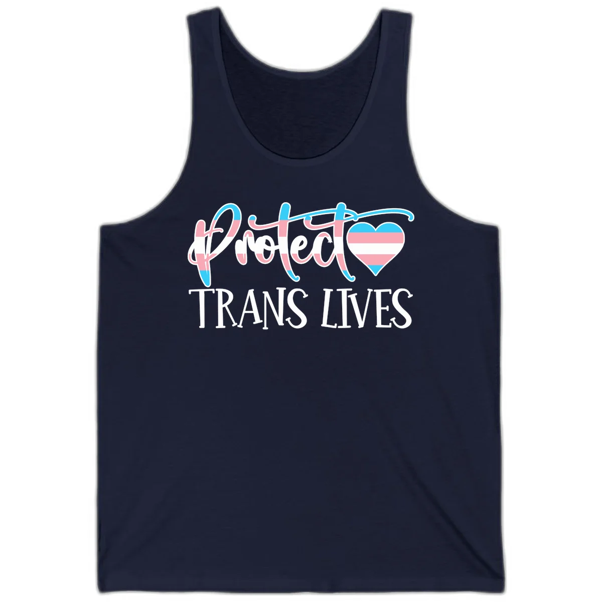 Stylized text 'I heart TRANS LIVES' with decorative letters and a trans flag-striped heart symbol in pink, white, and blue colors in Navy