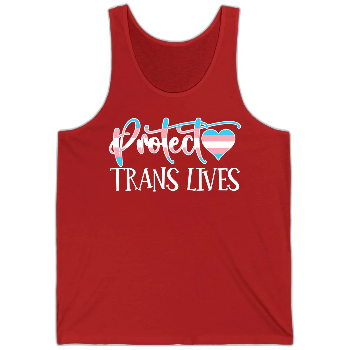 Stylized text 'I heart TRANS LIVES' with decorative letters and a trans flag-striped heart symbol in pink, white, and blue colors in Red