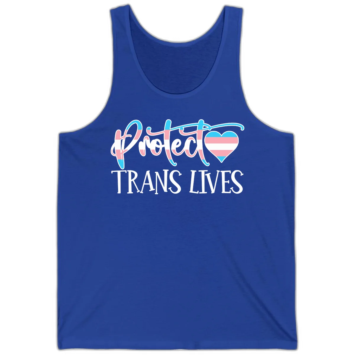 Stylized text 'I heart TRANS LIVES' with decorative letters and a trans flag-striped heart symbol in pink, white, and blue colors in True Royal