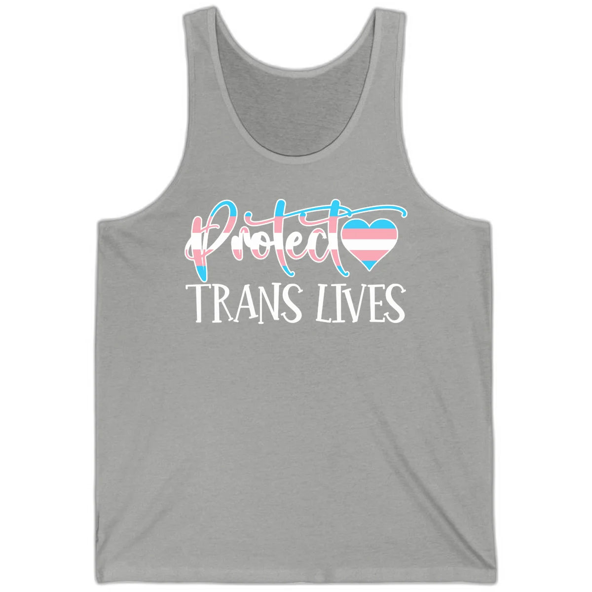 Stylized text 'I heart TRANS LIVES' with decorative letters and a trans flag-striped heart symbol in pink, white, and blue colors in Athletic Heather