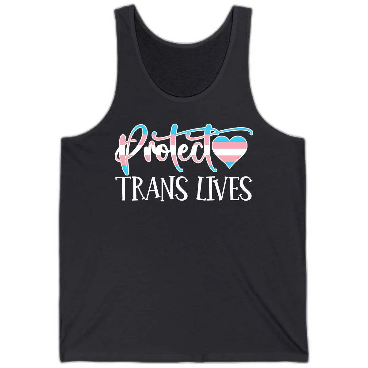 Stylized text 'I heart TRANS LIVES' with decorative letters and a trans flag-striped heart symbol in pink, white, and blue colors in Dark Grey