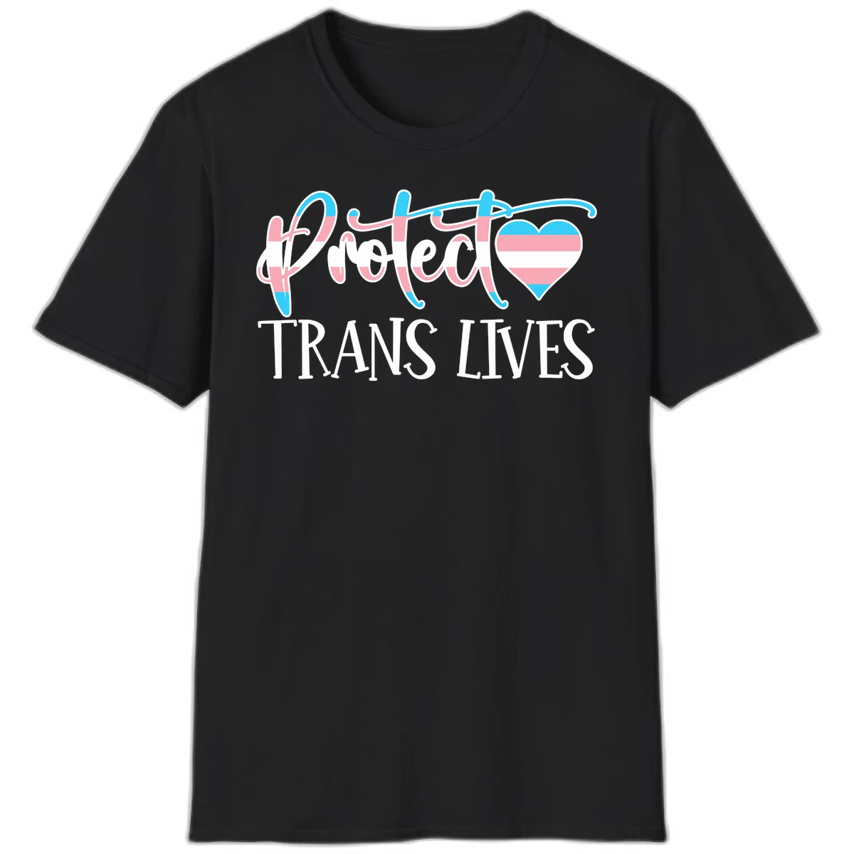 Stylized text 'I heart TRANS LIVES' with decorative letters and a trans flag-striped heart symbol in pink, white, and blue colors in Black