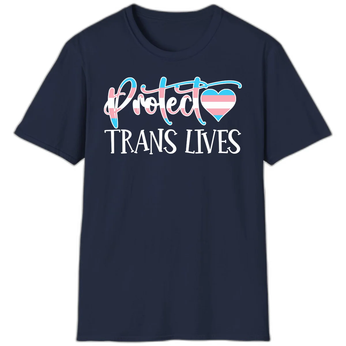 Stylized text 'I heart TRANS LIVES' with decorative letters and a trans flag-striped heart symbol in pink, white, and blue colors in Navy