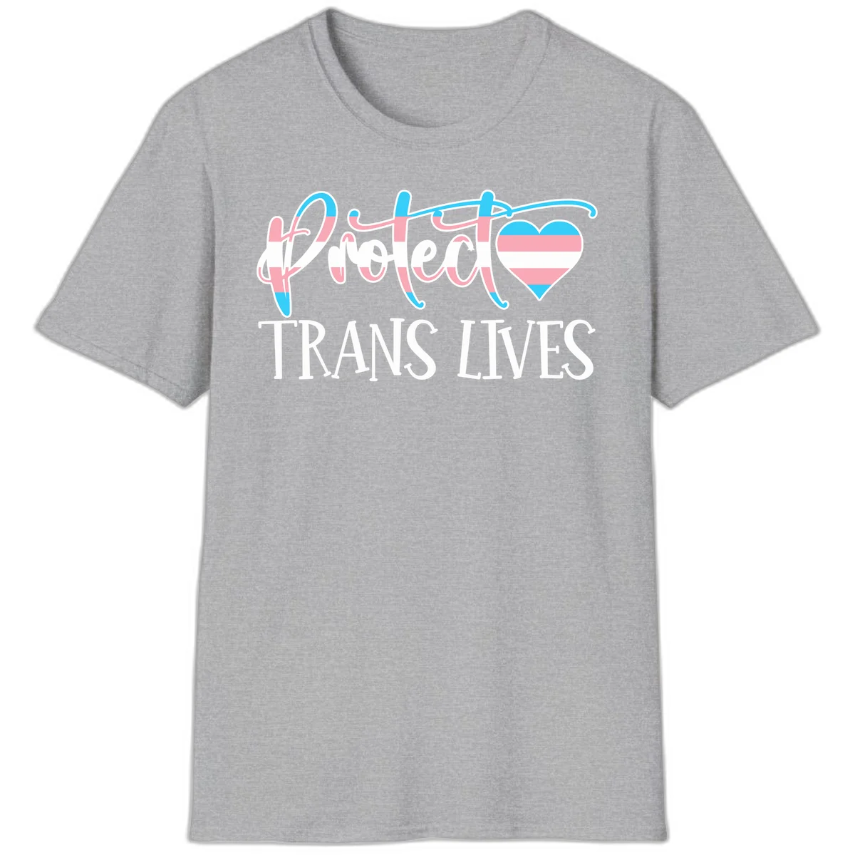 Stylized text 'I heart TRANS LIVES' with decorative letters and a trans flag-striped heart symbol in pink, white, and blue colors in Sport Grey