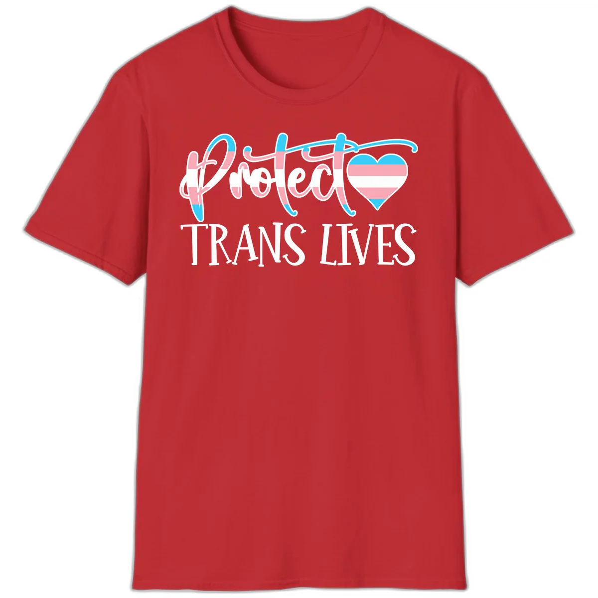 Stylized text 'I heart TRANS LIVES' with decorative letters and a trans flag-striped heart symbol in pink, white, and blue colors in Red