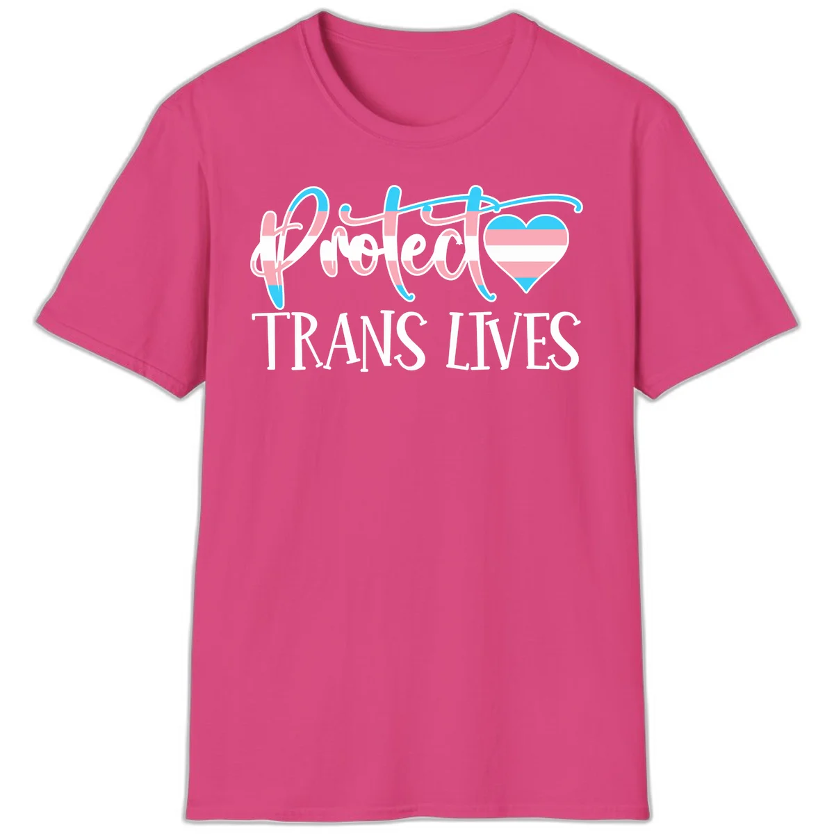 Stylized text 'I heart TRANS LIVES' with decorative letters and a trans flag-striped heart symbol in pink, white, and blue colors in Heliconia