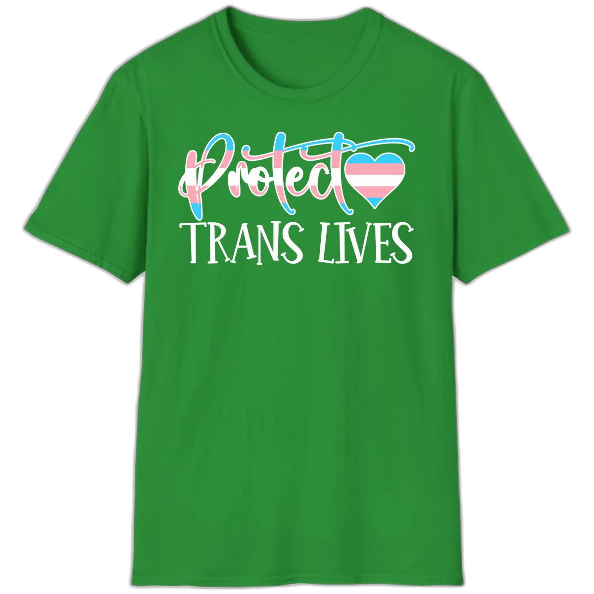 Stylized text 'I heart TRANS LIVES' with decorative letters and a trans flag-striped heart symbol in pink, white, and blue colors in Irish Green