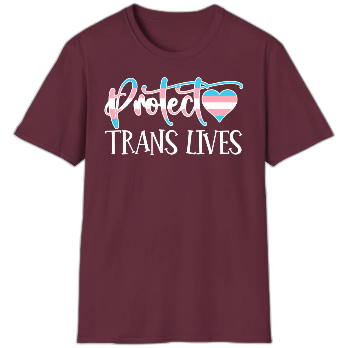 Stylized text 'I heart TRANS LIVES' with decorative letters and a trans flag-striped heart symbol in pink, white, and blue colors in Maroon
