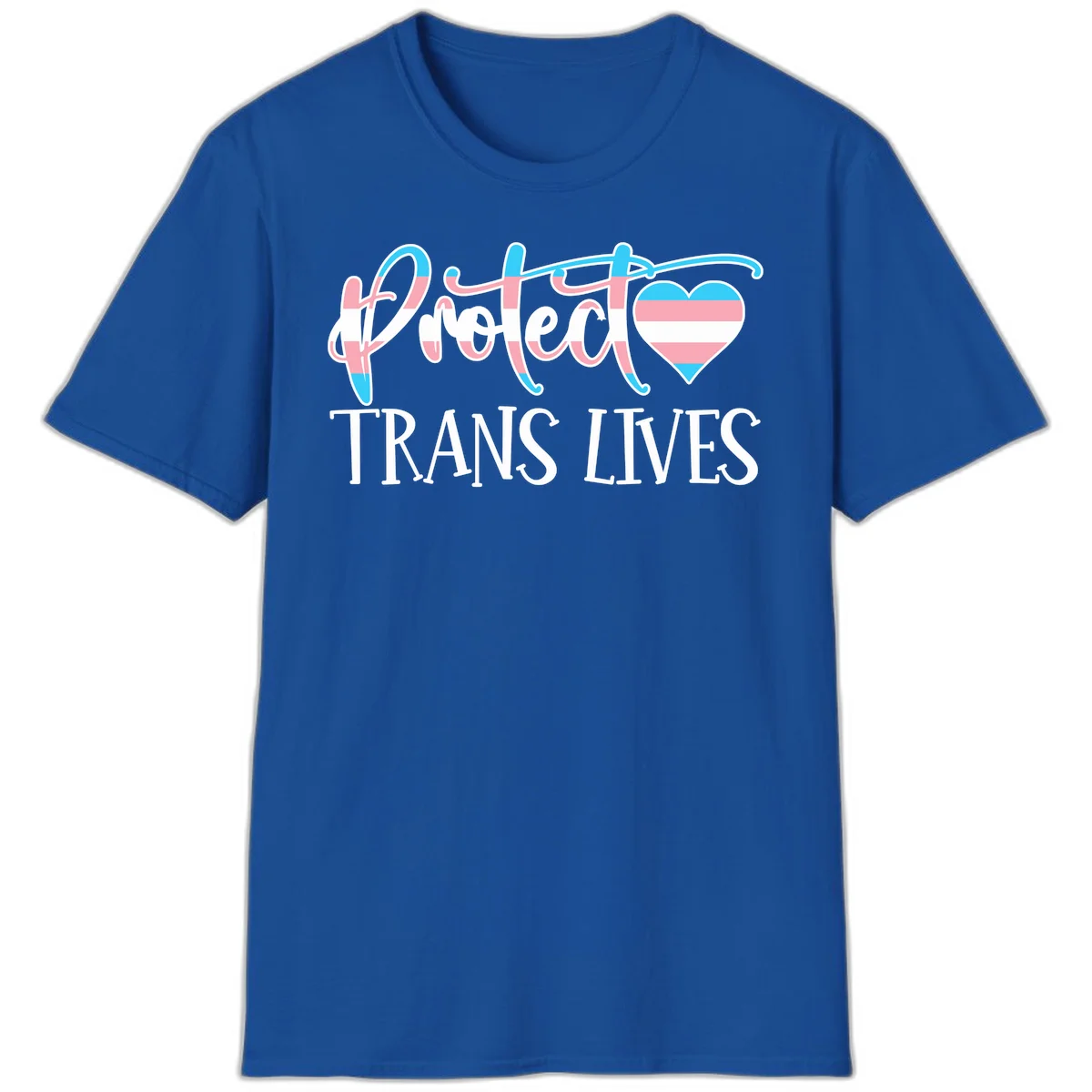 Stylized text 'I heart TRANS LIVES' with decorative letters and a trans flag-striped heart symbol in pink, white, and blue colors in Royal