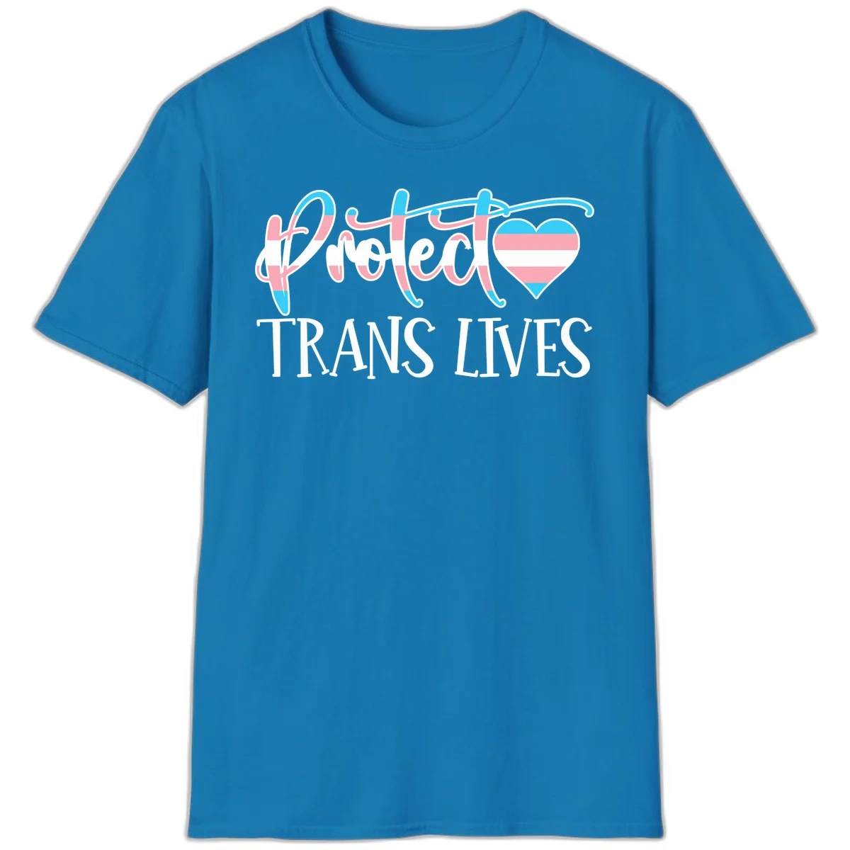 Stylized text 'I heart TRANS LIVES' with decorative letters and a trans flag-striped heart symbol in pink, white, and blue colors in Sapphire