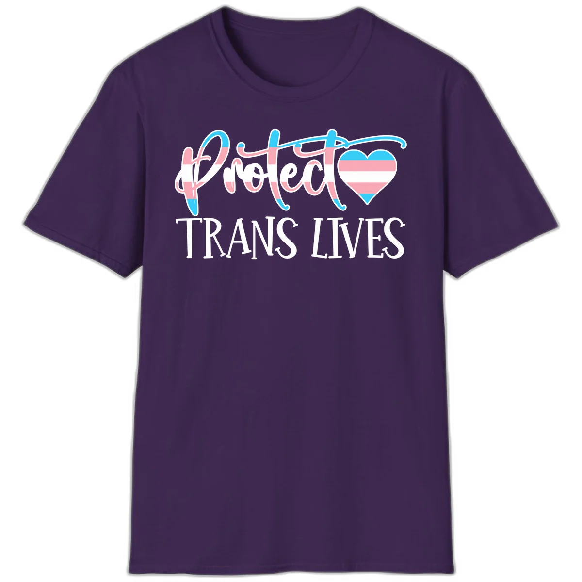 Stylized text 'I heart TRANS LIVES' with decorative letters and a trans flag-striped heart symbol in pink, white, and blue colors in Purple