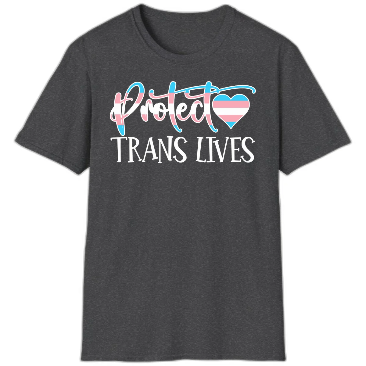 Stylized text 'I heart TRANS LIVES' with decorative letters and a trans flag-striped heart symbol in pink, white, and blue colors in Dark Heather