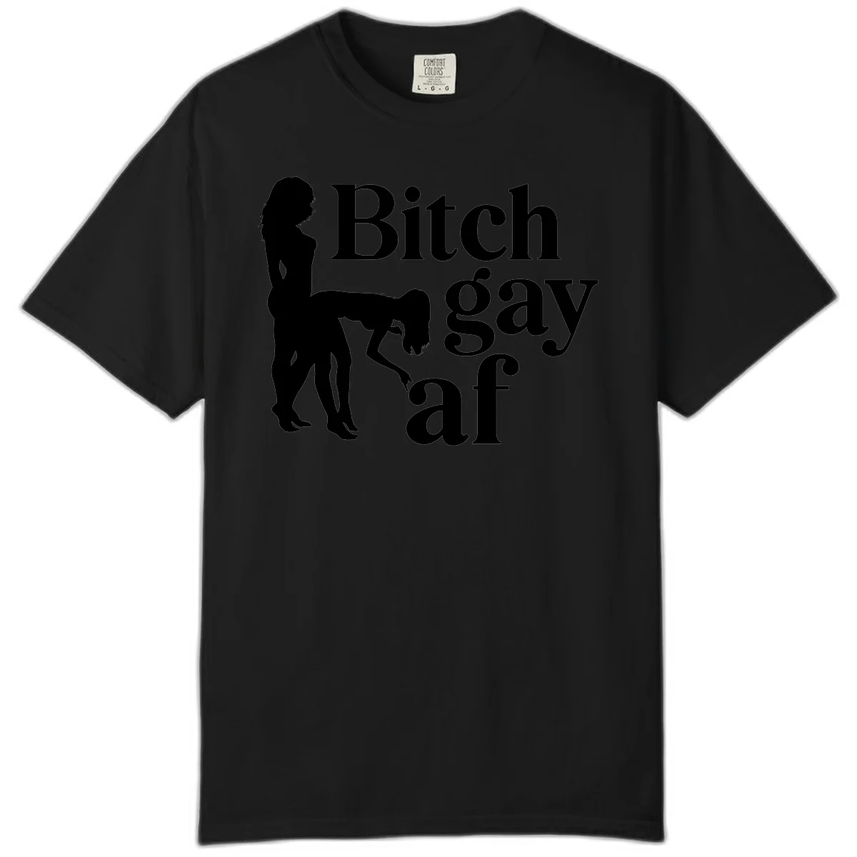 Black silhouettes of two women in intimate pose with 'Bitch gay af' text, bitch-gay-af-pride design in Black