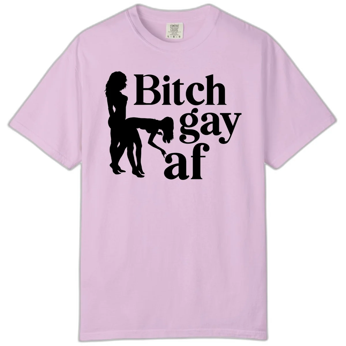 Black silhouettes of two women in intimate pose with 'Bitch gay af' text, bitch-gay-af-pride design in Orchid