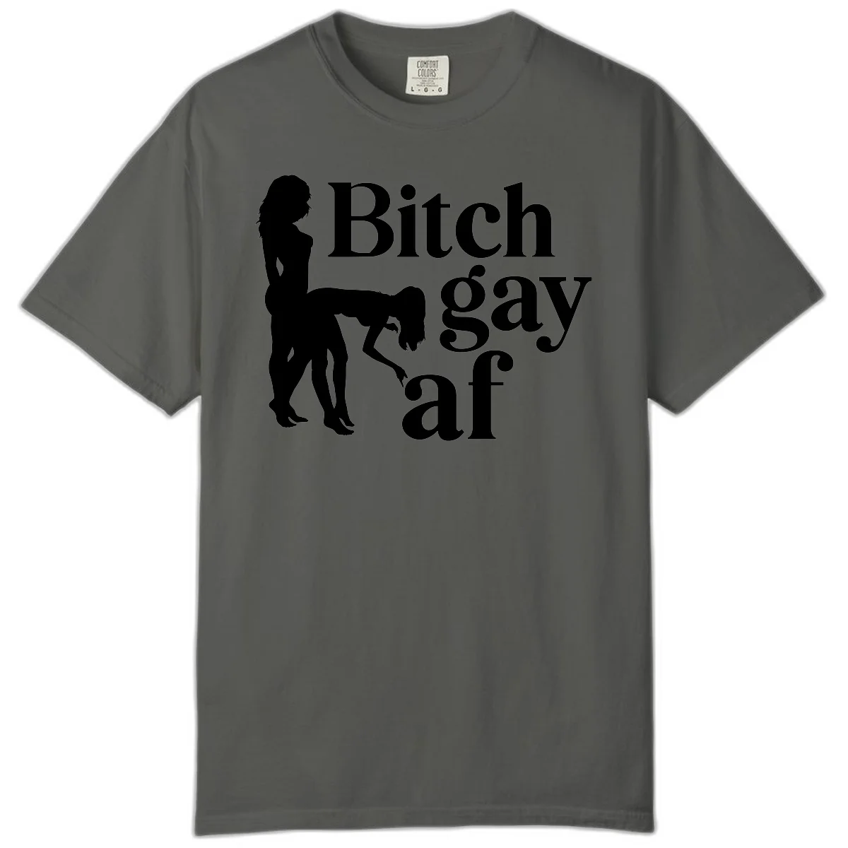 Black silhouettes of two women in intimate pose with 'Bitch gay af' text, bitch-gay-af-pride design in Pepper