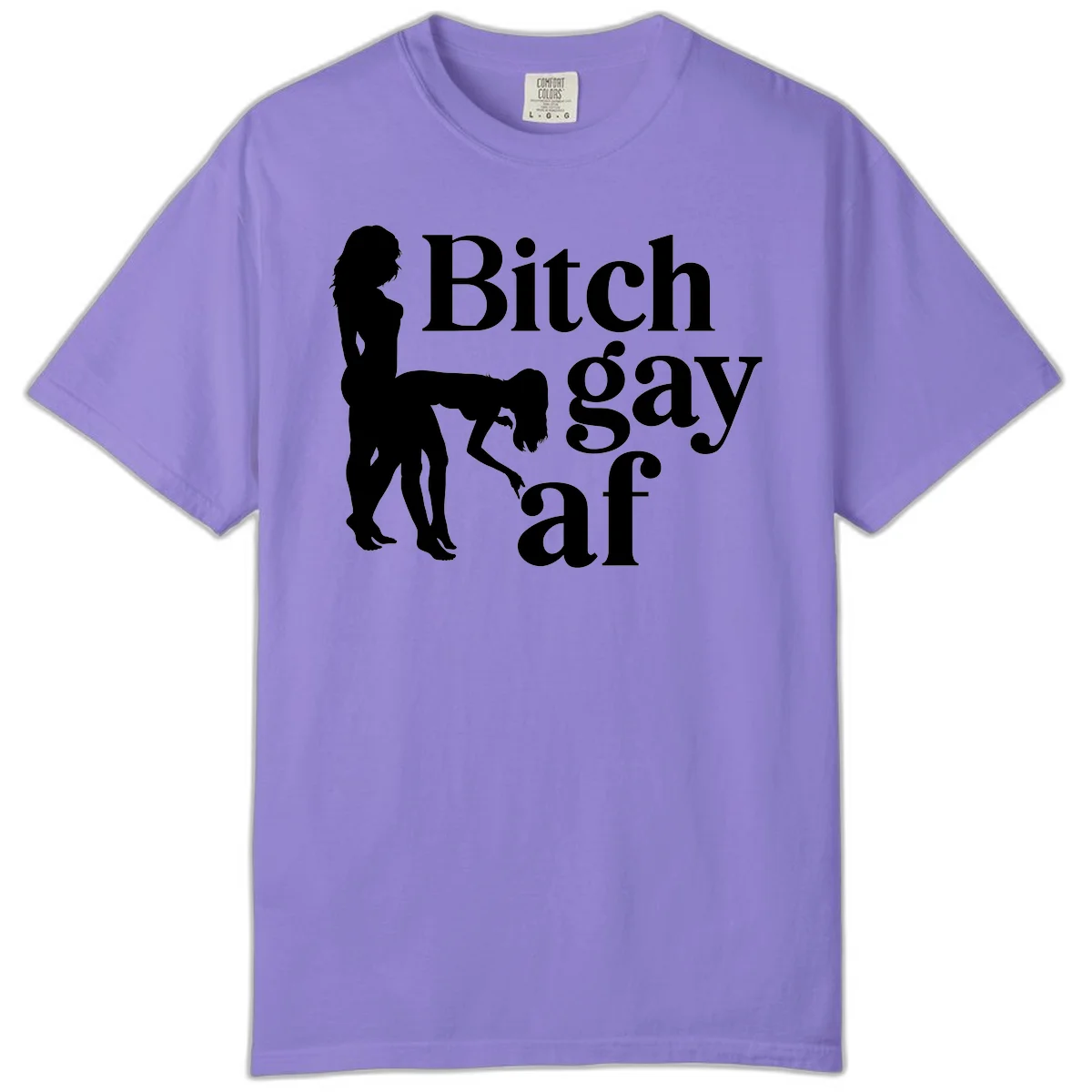 Black silhouettes of two women in intimate pose with 'Bitch gay af' text, bitch-gay-af-pride design in Violet