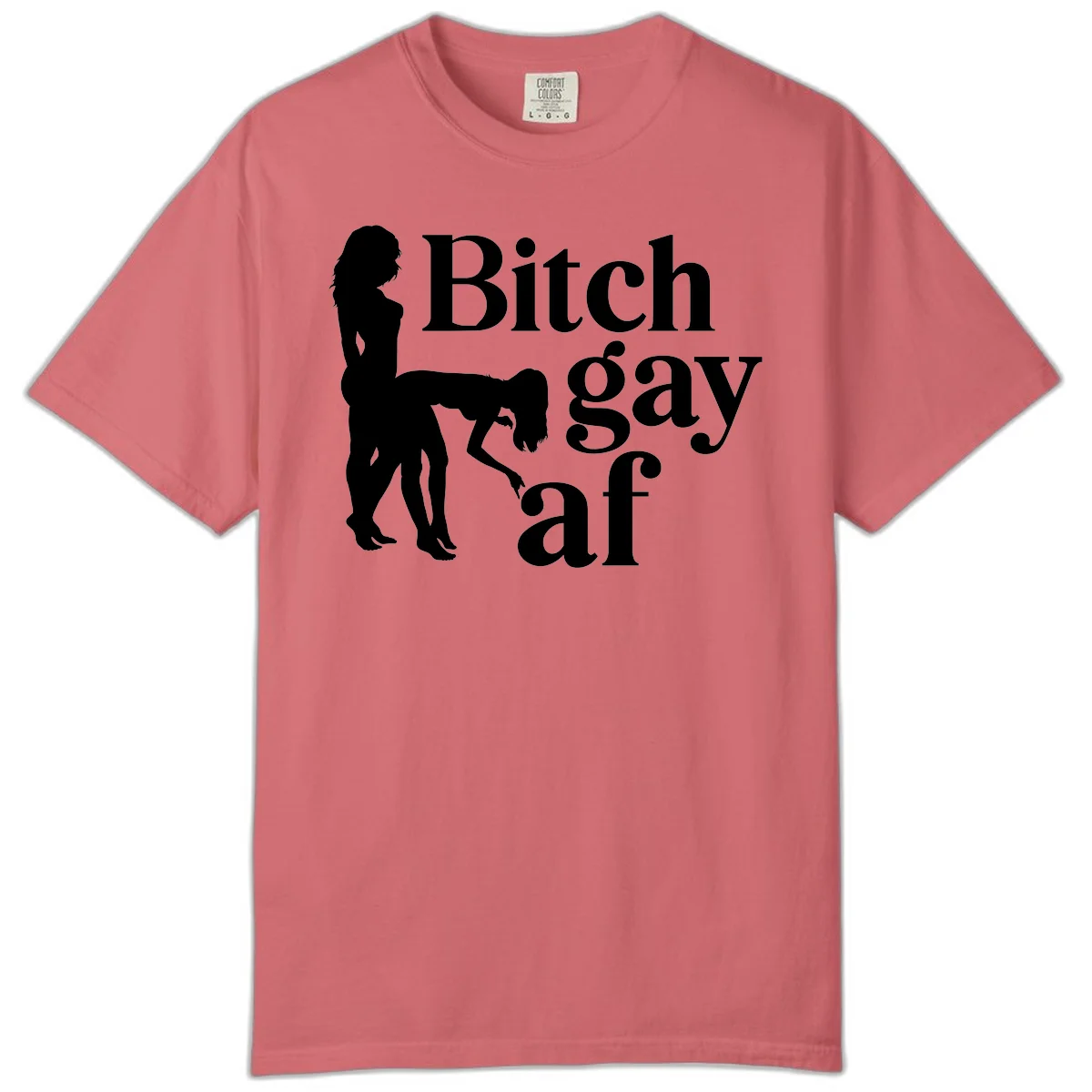 Black silhouettes of two women in intimate pose with 'Bitch gay af' text, bitch-gay-af-pride design in Watermelon