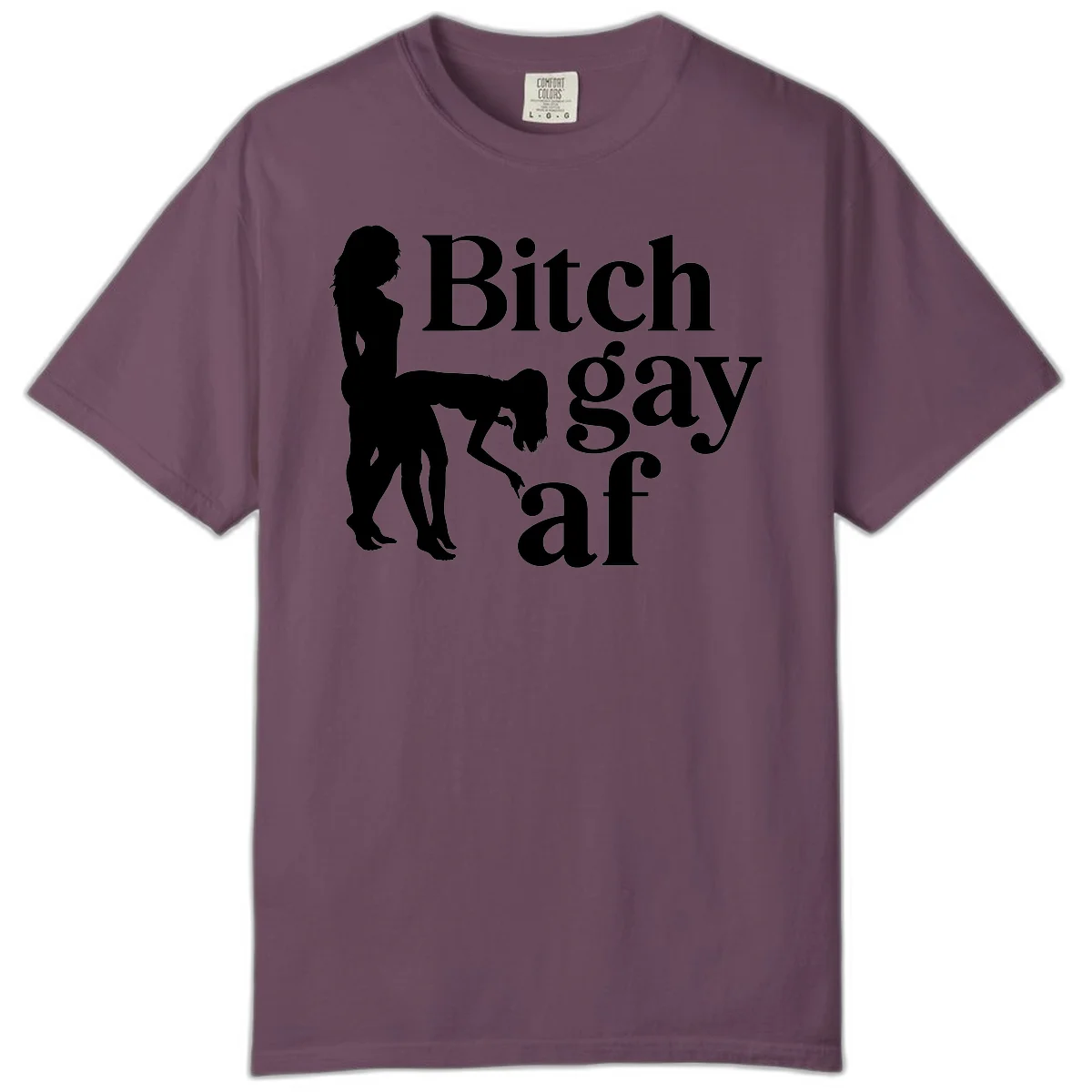 Black silhouettes of two women in intimate pose with 'Bitch gay af' text, bitch-gay-af-pride design in Berry