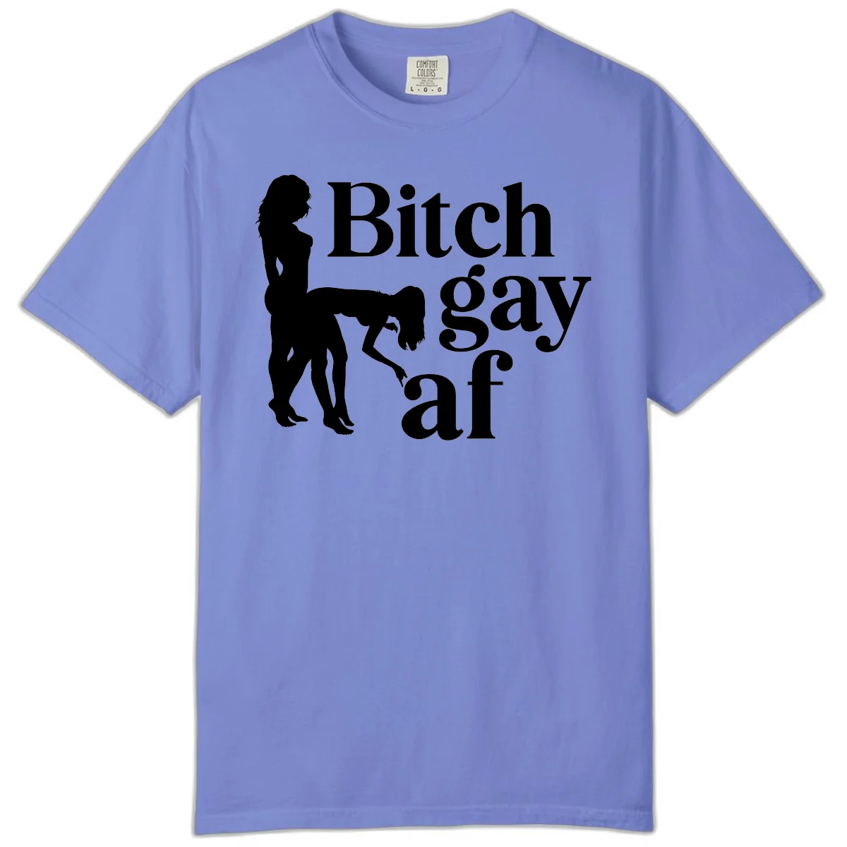 Black silhouettes of two women in intimate pose with 'Bitch gay af' text, bitch-gay-af-pride design in Flo Blue