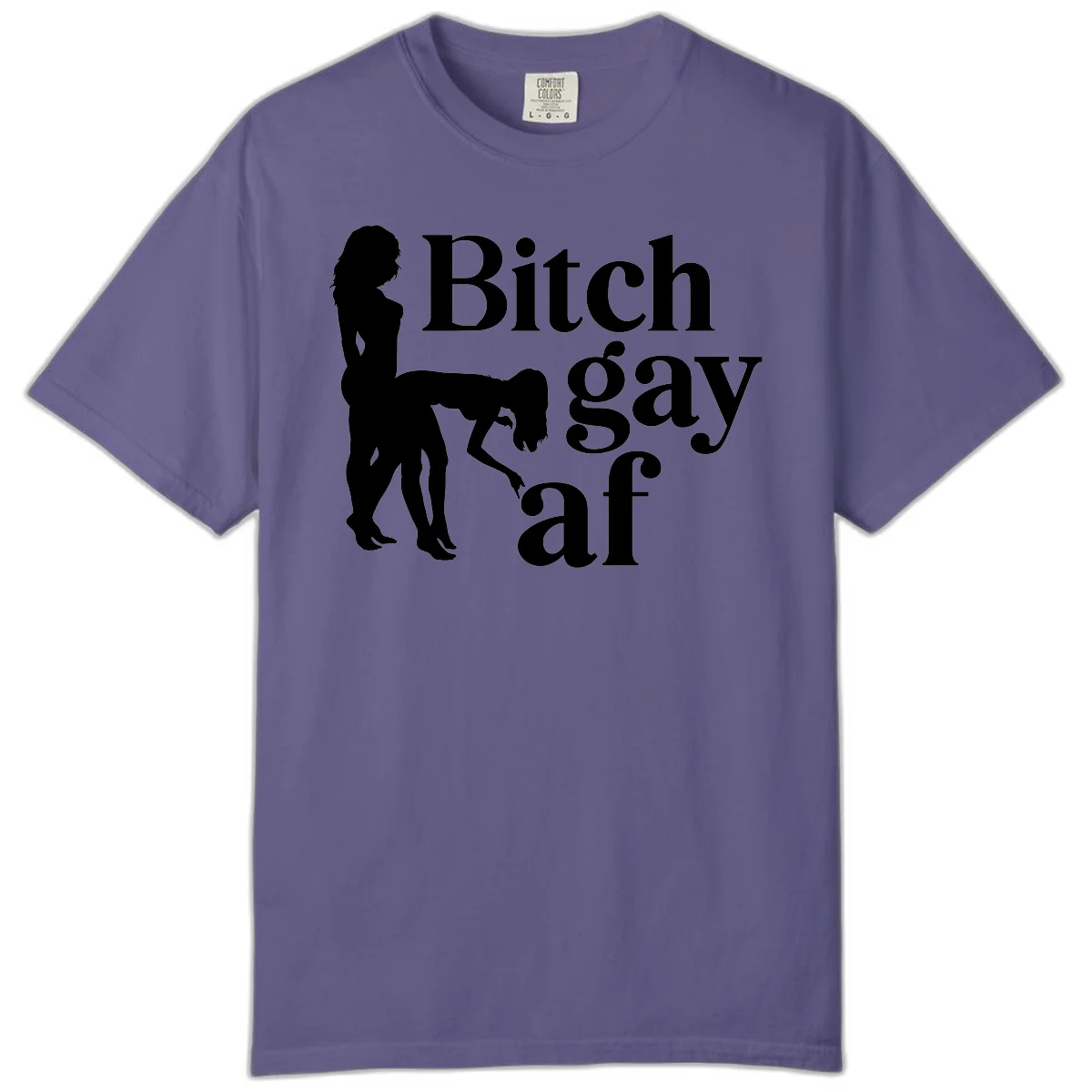 Black silhouettes of two women in intimate pose with 'Bitch gay af' text, bitch-gay-af-pride design in Grape