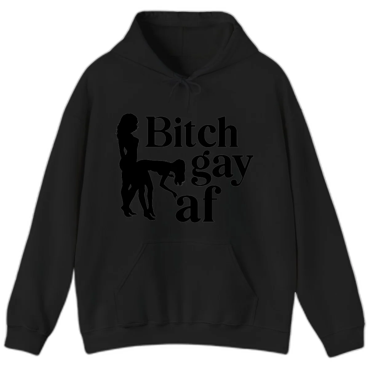 Black silhouettes of two women in intimate pose with 'Bitch gay af' text, bitch-gay-af-pride design in Black