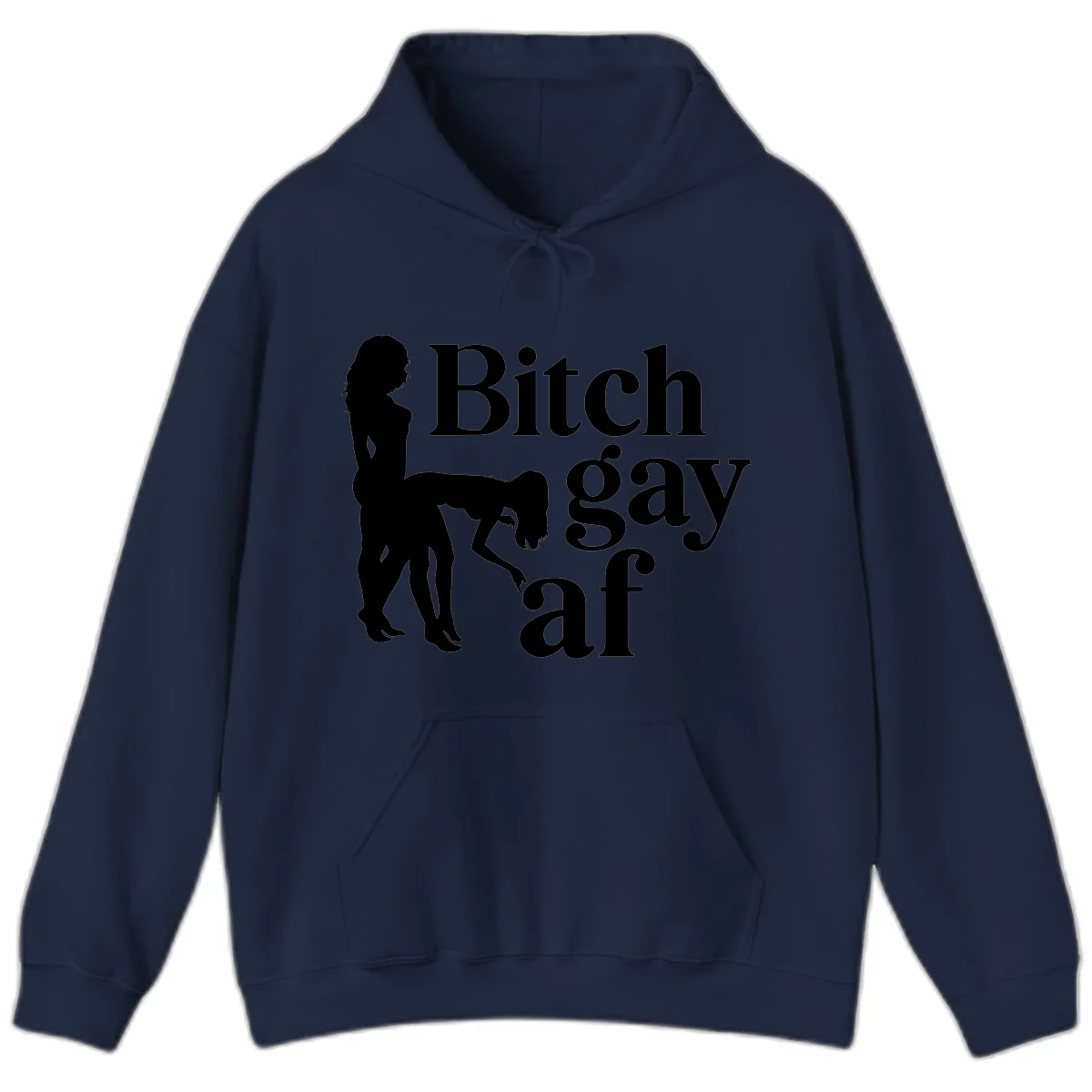 Black silhouettes of two women in intimate pose with 'Bitch gay af' text, bitch-gay-af-pride design in Navy