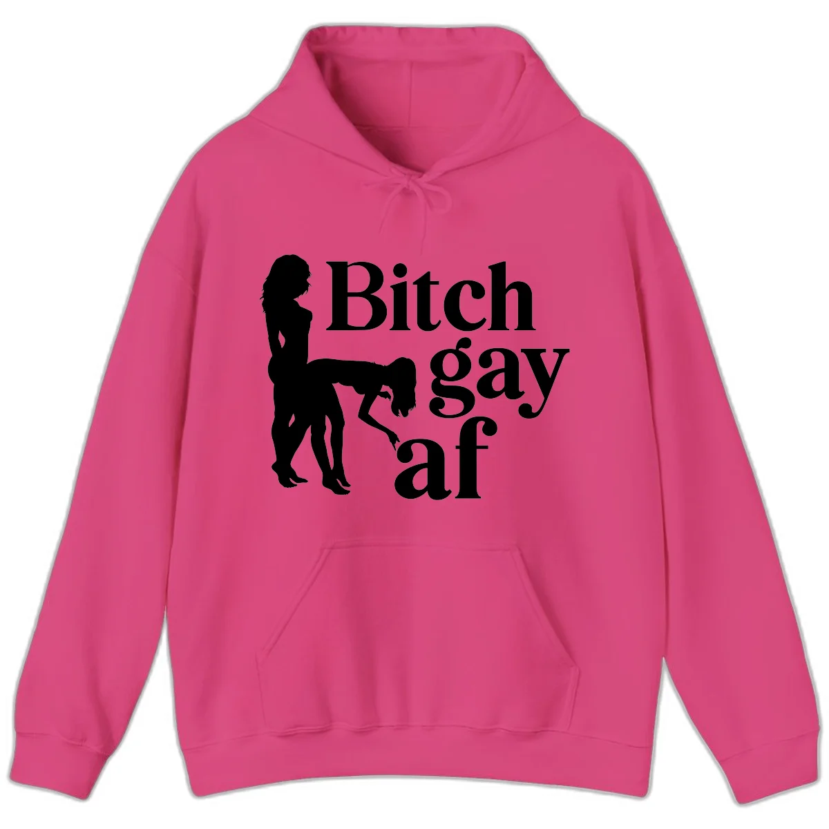Black silhouettes of two women in intimate pose with 'Bitch gay af' text, bitch-gay-af-pride design in Heliconia