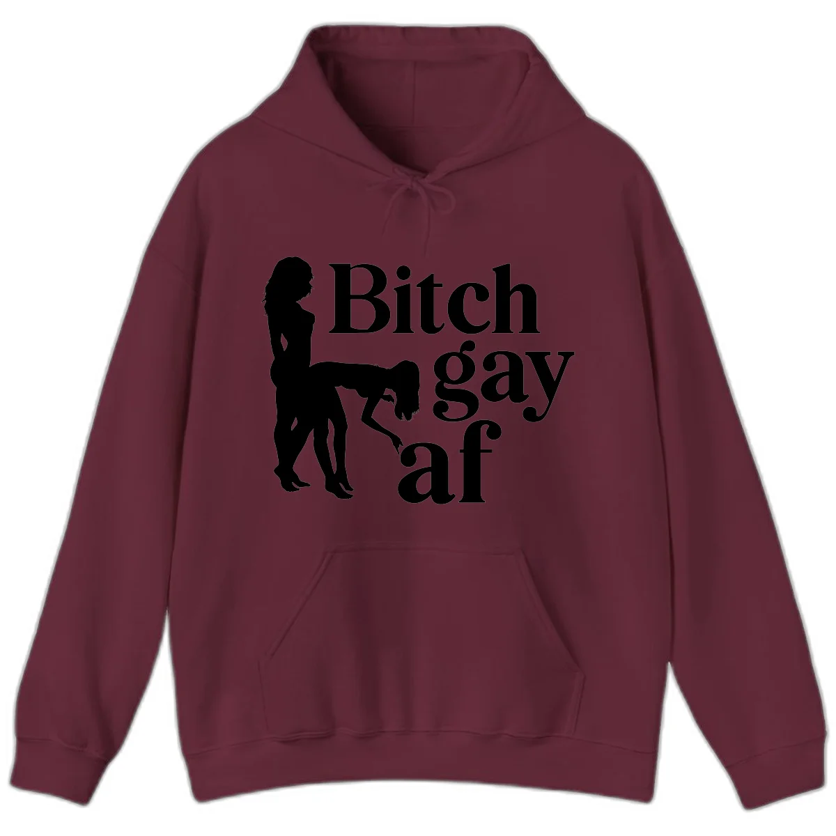 Black silhouettes of two women in intimate pose with 'Bitch gay af' text, bitch-gay-af-pride design in Maroon