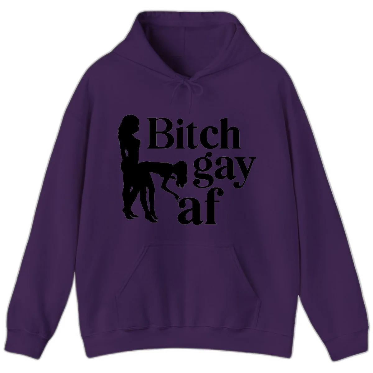 Black silhouettes of two women in intimate pose with 'Bitch gay af' text, bitch-gay-af-pride design in Purple