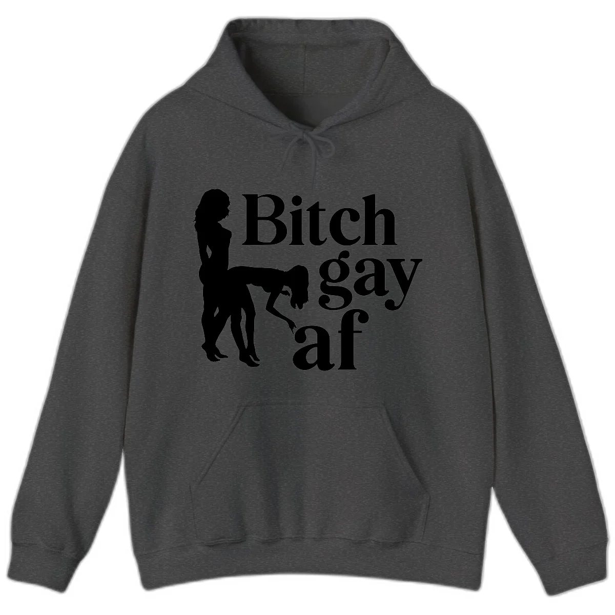 Black silhouettes of two women in intimate pose with 'Bitch gay af' text, bitch-gay-af-pride design in Dark Heather