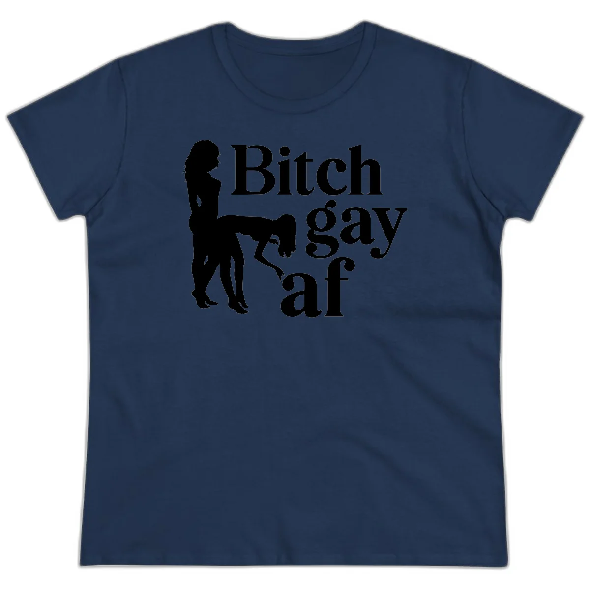 Black silhouettes of two women in intimate pose with 'Bitch gay af' text, bitch-gay-af-pride design in Navy